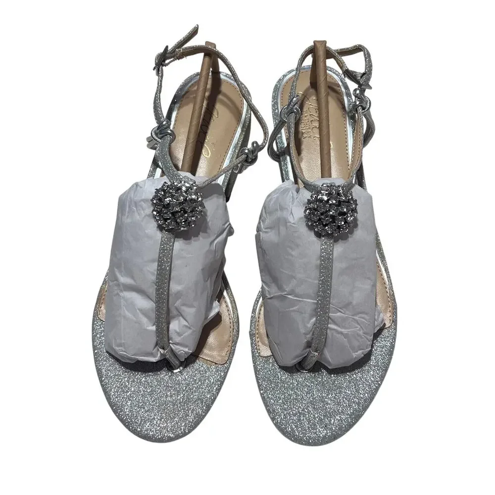 Jewel Badgley Mischka Lizette Silver Glitter Block Heel Sandals Size 9 NWOB